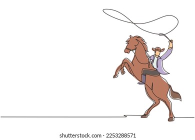 Un solo dibujo de vaquero con lazo en caballo de cría. Vaquero con lazo de cuerda sobre caballo. Vaquero americano montando caballo y lanzando lazo. Ilustración gráfica de diseño de trazos de línea continua