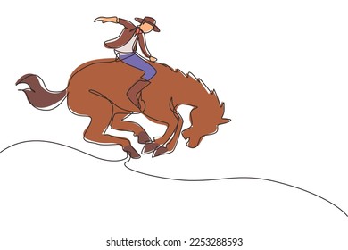 Single one line drawing cowboy taming wild horse at rodeo. cowboy on wild horse mustang. Rodeo cowboy riding wild horse on wooden sign. Modern continuous line draw design graphic vector illustration