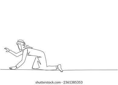 Single one line drawing crawl Arabian businessman. Trying to get up after being attacked by a pandemic. Starting from crawling, walking, then running fast. Continuous line design graphic illustration