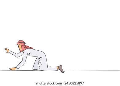 Single one line drawing crawl Arabian businessman. Trying to get up after being attacked by a pandemic. Starting from crawling, walking, then running fast. Continuous line design graphic illustration