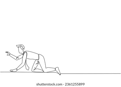Single one line drawing crawling young businessman. Trying to get up after being attacked by a pandemic. Starting from crawling, walking, then running fast. Continuous line design graphic illustration