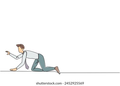 Single one line drawing crawling young businessman. Trying to get up after being attacked by a pandemic. Starting from crawling, walking, then running fast. Continuous line design graphic illustration