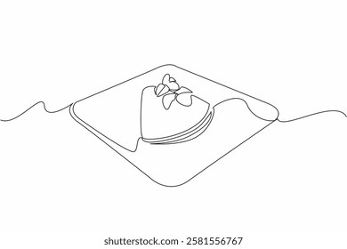 Single one line drawing crepe suzette with orange slices and leaves on a square plate. Traditional French food. Orange flavored. National Crepe Suzette Day. Continuous line design graphic illustration