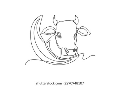 Single one line drawing Crescent moon and cow head. Happy Eid Al Adha. Continuous line draw design graphic vector illustration.