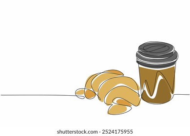 Single one line drawing croissant with paper cup filled with hot sweet tea. Skipped breakfast. Woke up late. Brought to the office. National Croissant Day. Continuous line design graphic illustration