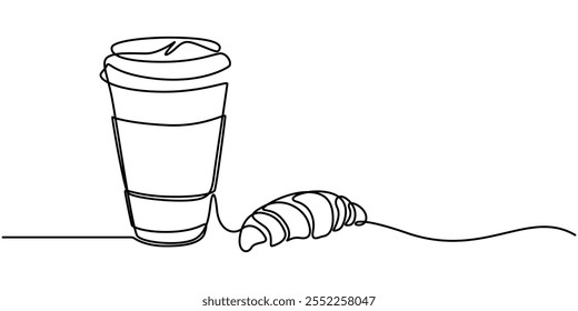  Una sola línea de dibujo de croissant con taza de papel lleno de té dulce caliente. Ilustración gráfica de diseño continuo de una línea, pro vactor, Despertó tarde. Llevado a la oficina. Día Nacional del Croissant.