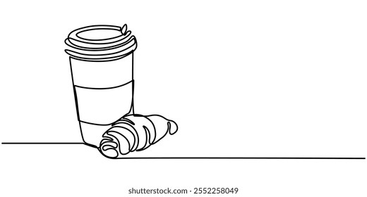  Único croissant desenho de uma linha com xícara de papel preenchido com chá doce quente. Ilustração gráfica contínua de design de uma linha, pro vactor, acordou tarde. Trouxe para o escritório. Dia Nacional do Croissant.