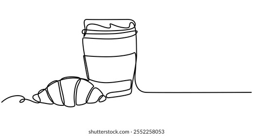  Único croissant desenho de uma linha com xícara de papel preenchido com chá doce quente. Ilustração gráfica contínua de design de uma linha, pro vactor, acordou tarde. Trouxe para o escritório. Dia Nacional do Croissant.