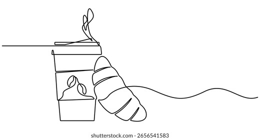 Single one line drawing croissant with paper cup filled with hot sweet tea. Continuous one line design graphic illustration,  Paper Coffee cup with croissant one line drawing.  National Croissant Day