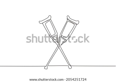 Single one line drawing crutches logo. Elbow crutch, telescopic metal crutch. Medical equipment for rehabilitation of people with diseases of musculoskeletal system. Continuous line draw design vector