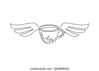 Single one line drawing cup of coffee with wings. Idea for advertising coffee drinks, business card, branding and corporate identity. Modern continuous line draw design graphic vector illustration