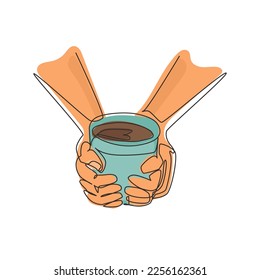 Single one line drawing cup of tea in hands of men. Man warming hands touching a hot cup of tea. Time relax in the morning with tea or coffee. Continuous line draw design graphic vector illustration