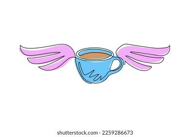 Una taza de café de una sola línea con alas. Idea para la publicidad de bebidas de café, tarjeta de visita, marca e identidad corporativa. Ilustración de líneas continuas moderna de diseño gráfico vectorial