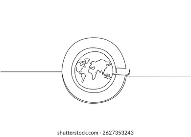 Single one line drawing a cup filled with tea with a saucer and a world map on the surface of the cup. Breakfast with a cup of tea. International Tea Day. Continuous line design graphic illustration