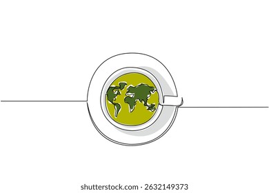 Single one line drawing a cup filled with tea with a saucer and a world map on the surface of the cup. Breakfast with a cup of tea. International Tea Day. Continuous line design graphic illustration