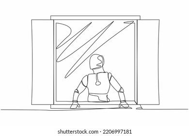 Single one line drawing curious robot looking outside window. Robot with a plant watching out the window. Artificial intelligence. Technology industry. Continuous line draw design vector illustration