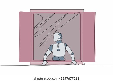 Single one line drawing curious robot looking outside window. Robot with a plant watching out the window. Artificial intelligence. Technology industry. Continuous line draw design vector illustration
