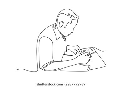 Un único cliente de dibujo de línea rellena el formulario de envío en el banco. Concepto bancario. Ilustración gráfica de vector de diseño de línea continua.