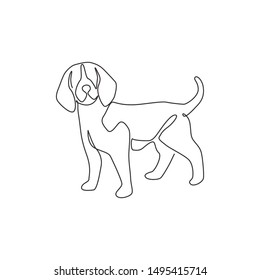 Single one line drawing of cute beagle dog for company logo identity. Purebred dog mascot concept for pedigree friendly pet icon. Modern continuous one line draw design vector graphic illustration