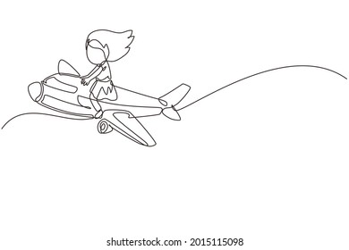Single one line drawing cute little girl riding plane. Happy kids on airplane. Children riding airplane, summer journey, travel concept. Modern continuous line draw design graphic vector illustration