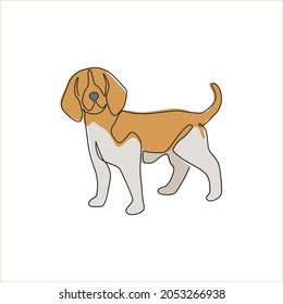 Single one line drawing of cute beagle dog for company logo identity. Purebred dog mascot concept for pedigree friendly pet icon. Modern continuous one line draw design vector graphic illustration