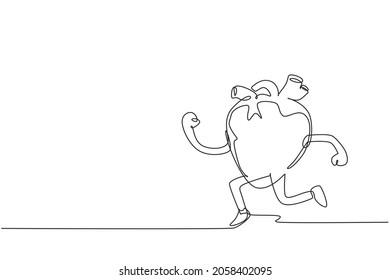 Single one line drawing cute funny heart organ jogging run. Heart organ workout, sport, fitness, cardio run, stamina character concept. Modern continuous line draw design graphic vector illustration