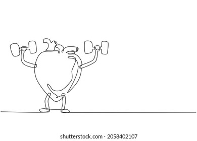 Dibujo de una sola línea lindo feliz, saludable sonriente órgano cardiaco haciendo ejercicios con pesas de campanas sucias. Cara cardíaca, ejercicio físico, deporte, concepto de elevación. Vector de diseño de traza continua de línea moderna