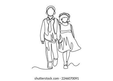 Dibujo de una sola línea Cute chico y chica jugando Novia y Groom. Concepto de boda. Ilustración gráfica de vector de diseño de línea continua.