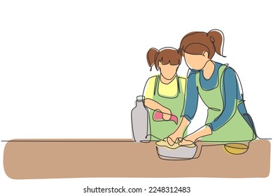 Dibujo de una sola línea linda hija pequeña ayudando a su madre a hacer la masa añadiendo aceite de oliva. Preparación de pastelería en una acogedora cocina en casa. Ilustración gráfica de diseño de trazos de línea continua