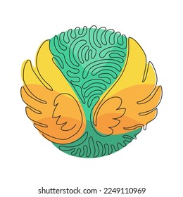 Single one line drawing cute angel wings holiday romantic decoration logo vector image. Swirl curl circle background style. Modern continuous line draw design graphic vector illustration