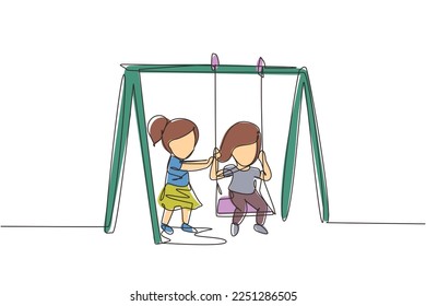 Single one line drawing cute little girl swinging on swing and her friend helped push from behind. Kids playing swing together in kindergarten playground. Continuous line draw design graphic vector