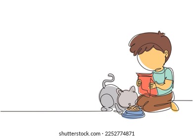 Single one line drawing cute smiling little boy feeding his kitten, adorable kid caring for animal. Kids doing housework chores at home. Modern continuous line draw design graphic vector illustration