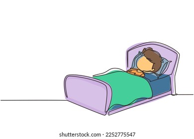 Una sola línea dibujando a un chico lindo durmiendo en sueños de esta noche, buenas noches y dulces sueños. Un niño feliz duerme en la habitación de la cama. Niño durmiendo. Ilustración gráfica de diseño de trazos de línea continua