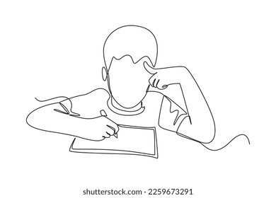 Single one line drawing Cute little boy sitting on chair writing on notebook doing his homework. Student concept. Continuous line draw design graphic vector illustration.