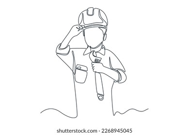 Single one line drawing cute little boy mechanic with helmet standing and holding wrench. Auto service concept. Continuous line draw design graphic vector illustration.