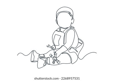 Single one line drawing cute little boy mechanic sitting and holding wrench set. Auto service concept. Continuous line draw design graphic vector illustration.