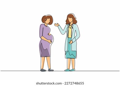 Single one line drawing cute pregnant woman at doctor's appointment. Woman expecting baby visits doctor's office, examination during pregnancy. Continuous line draw design graphic vector illustration