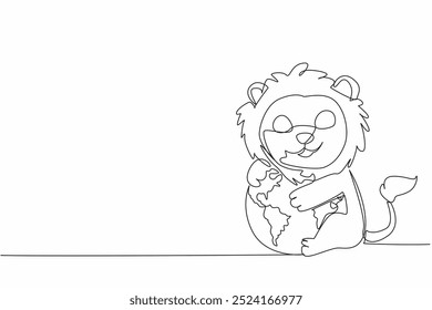 Single one line drawing cute lion hugging globe. Stop destroying nature. For sake of sustainability of the food chain. Avoid extinction World Wildlife Day. Continuous line design graphic illustration