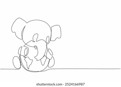 Single one line drawing a cute elephant hugging globe. Maintaining the sustainability of nature so that they do not become extinct. World Wildlife Day. Continuous line design graphic illustration