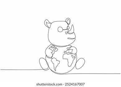 Single one line drawing cute rhinoceros hugging globe. Stop illegal logging. The beautiful nature keeps them from becoming extinct. World Wildlife Day. Continuous line design graphic illustration