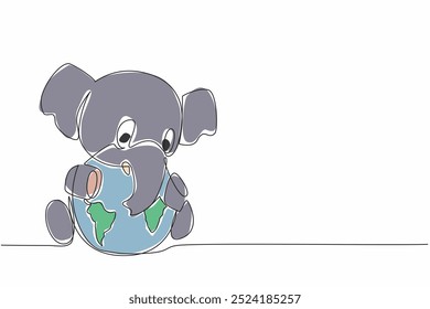 Single one line drawing a cute elephant hugging globe. Maintaining the sustainability of nature so that they do not become extinct. World Wildlife Day. Continuous line design graphic illustration