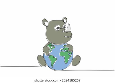 Single one line drawing cute rhinoceros hugging globe. Stop illegal logging. The beautiful nature keeps them from becoming extinct. World Wildlife Day. Continuous line design graphic illustration