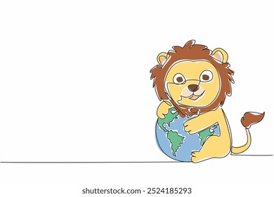 Single one line drawing cute lion hugging globe. Stop destroying nature. For sake of sustainability of the food chain. Avoid extinction World Wildlife Day. Continuous line design graphic illustration