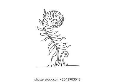 Single one line drawing cute tropical fern leaf plant. Printable decorative exotic houseplant concept for home wall decoration ornament. Modern continuous line draw design graphic vector illustration