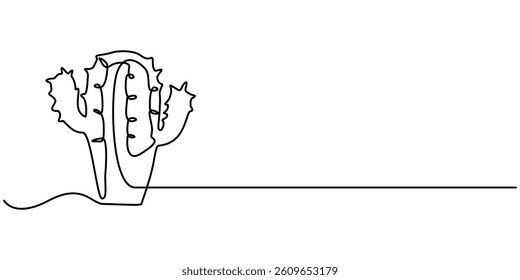  Single one line drawing cute exotic tropical spiny cactus plant. Printable decorative houseplant concept home wallpaper ornament. Modern continuous line draw design graphic vector.
