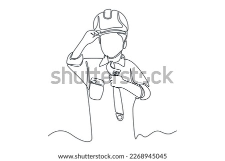 Single one line drawing cute little boy mechanic with helmet standing and holding wrench. Auto service concept. Continuous line draw design graphic vector illustration.