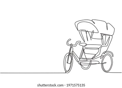 Single one line drawing of cycle rickshaw with three wheels and a rear passenger seat is an ancient vehicle in several Asian countries. Modern continuous line draw design graphic vector illustration.