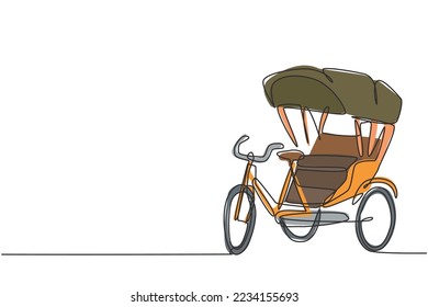 Single one line drawing of cycle rickshaw with three wheels and a rear passenger seat is an ancient vehicle in several Asian countries. Modern continuous line draw design graphic vector illustration.