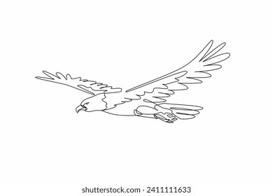 Single one line drawing of dashing bald eagle bird fly in the sky stretching its wide wings freely. Mascot of United States of America. National Bird Day. Annual international celebration event