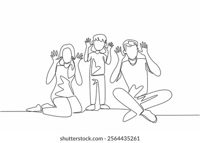 Single one line drawing the daughter stands in the middle of the seated father and mother. Hearing problem. Symbol of not hearing. Mother Father Deaf Day. Continuous line design graphic illustration